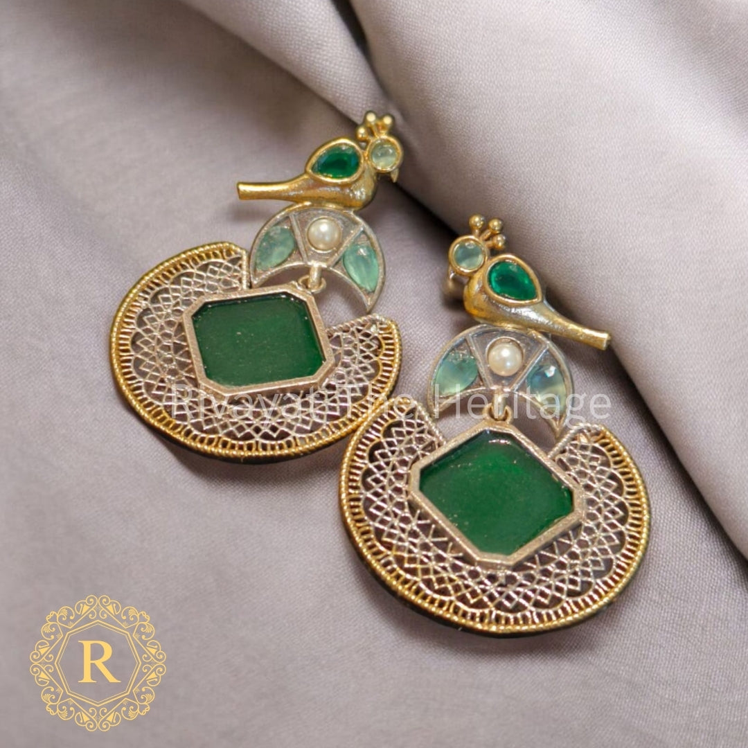Chandpakshi Baali Earrings – Green & Gold Bird Motif Baalis with Filigree Work