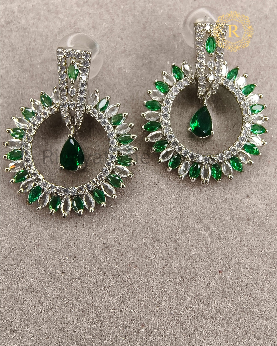 Green zircon diamond floral drop earrings with pear-cut centre stone – front view