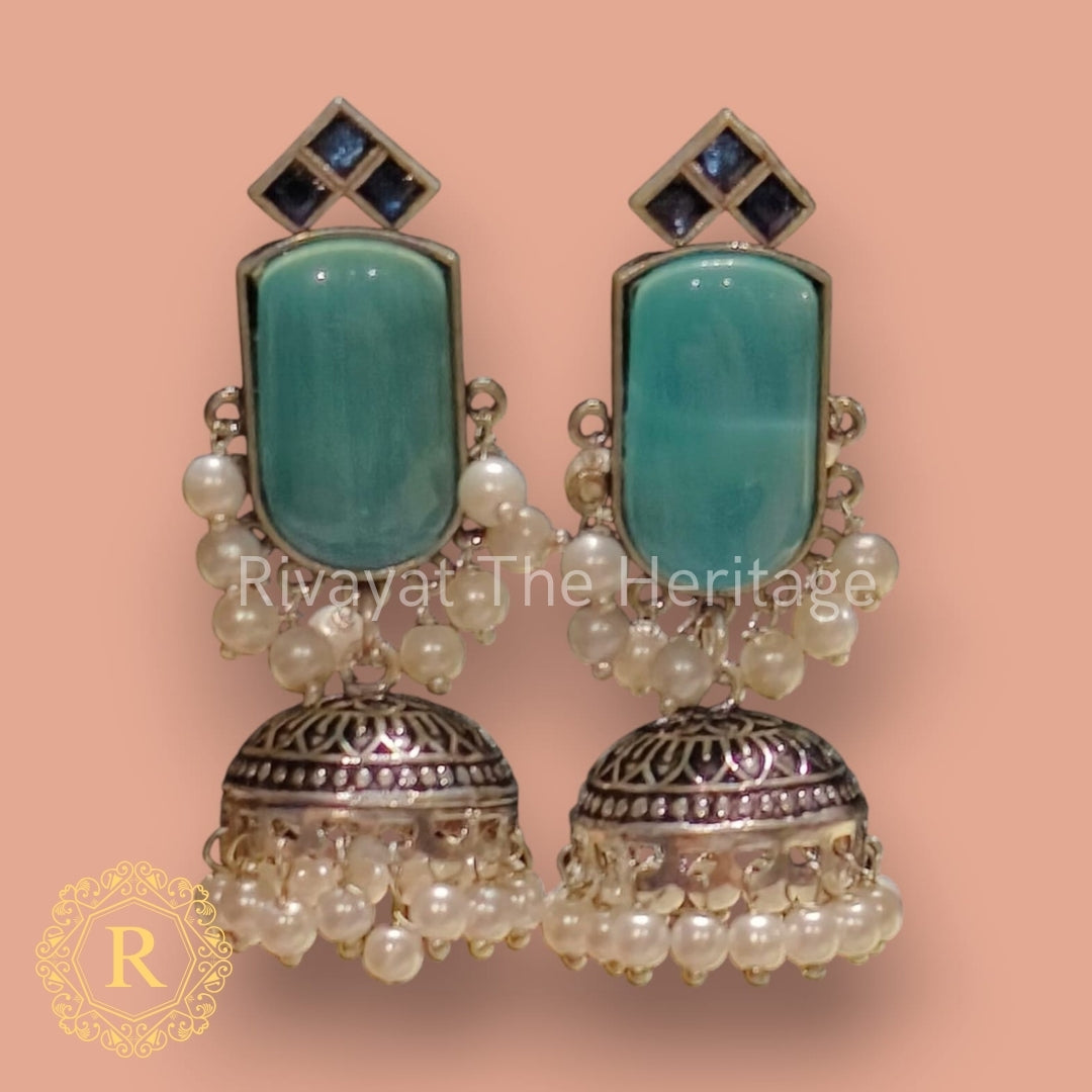 Turquoise Enamel Jhumki Earrings with Pearl Drops – Noor Edition by Rivayat