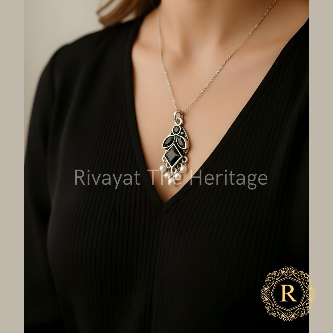 Black Handcrafted Oxidized Leaf Pendant with Pearls - Manika Collection