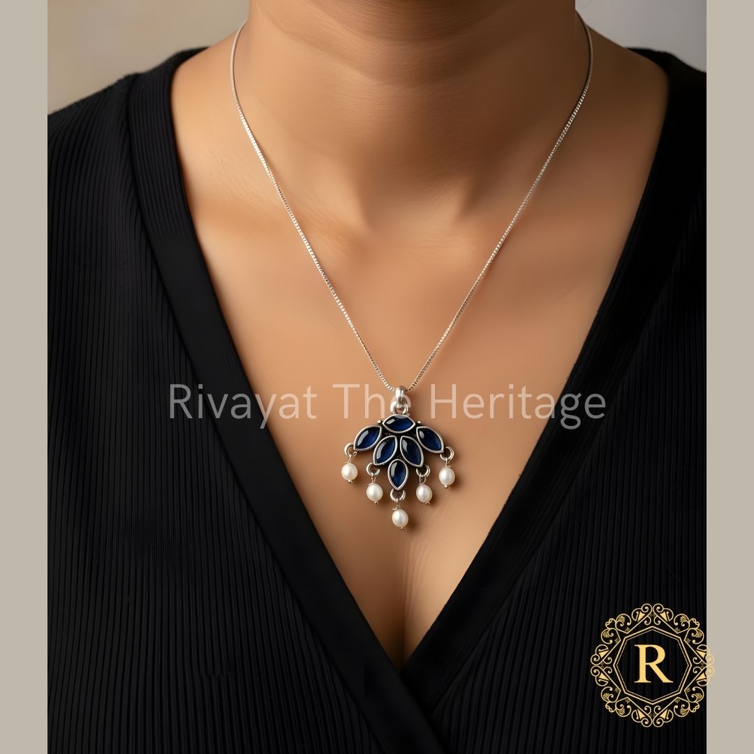 Handcrafted Oxidized Pendant with Chain – Dark Blue Monalisa Stones