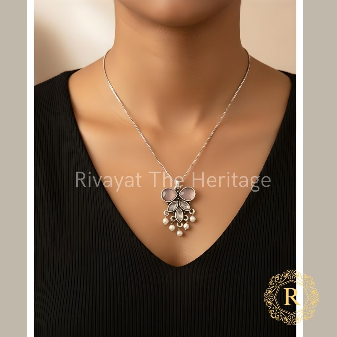 Handcrafted German silver oxidized pendant set with light pink stones - traditional Indian wedding jewellery