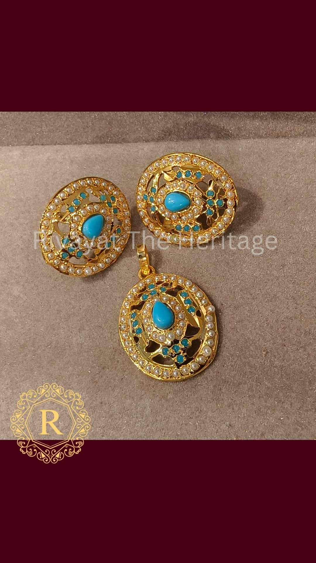 Turquoise Pearl Jadau Pendant Earring Set - 24K Gold Plated