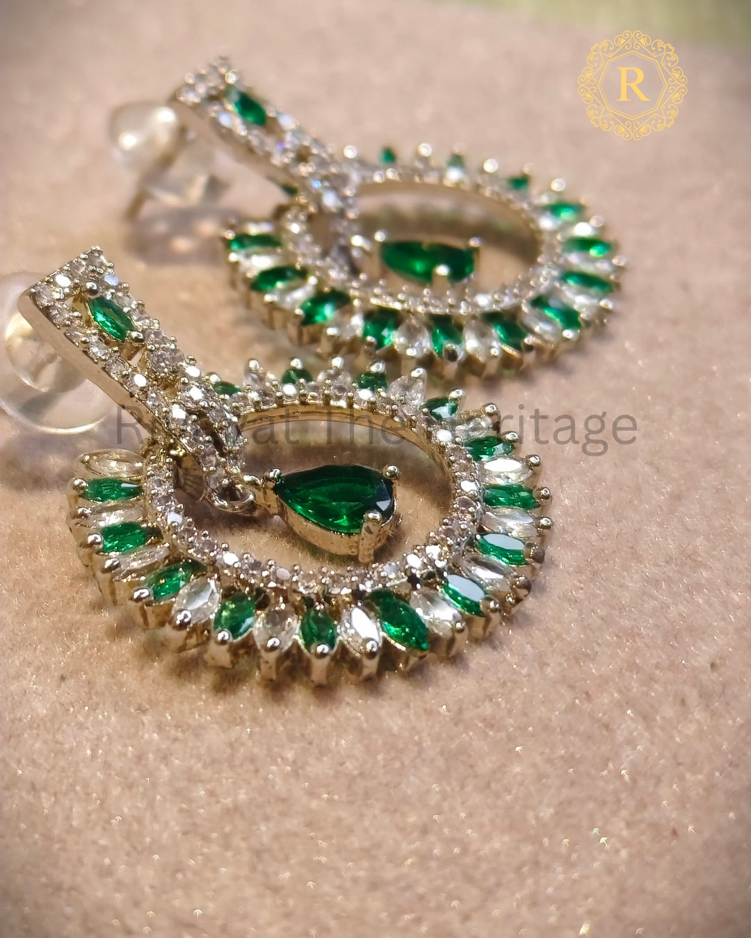 Handcrafted green zircon diamond drop earrings – detailed side view