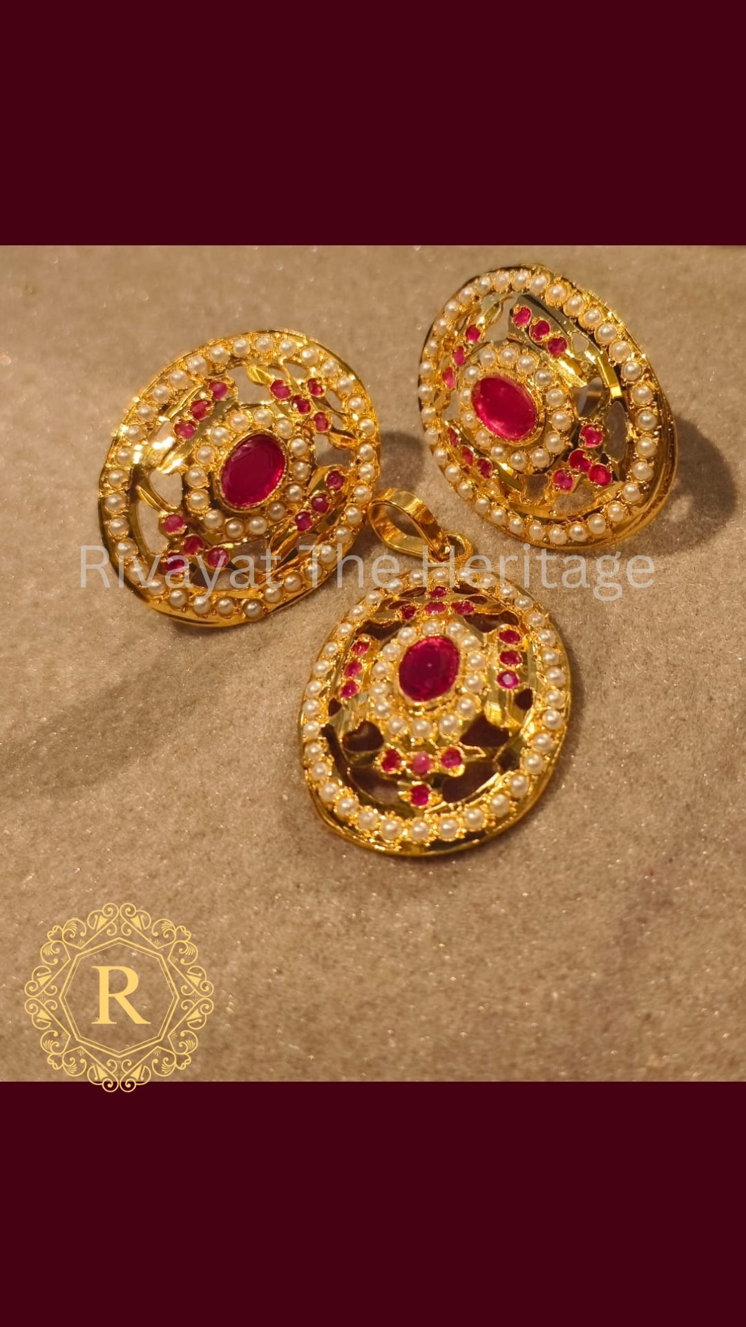 Royal Ruby Jadau Pendant & Earrings Set | 24K Gold Plated | Handcrafted Manika Collection
