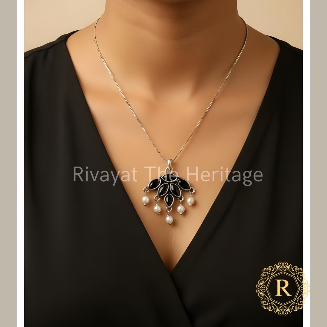 Black Monalisa stone oxidized German silver pendant necklace handcrafted by Rivayat Heritage artisans