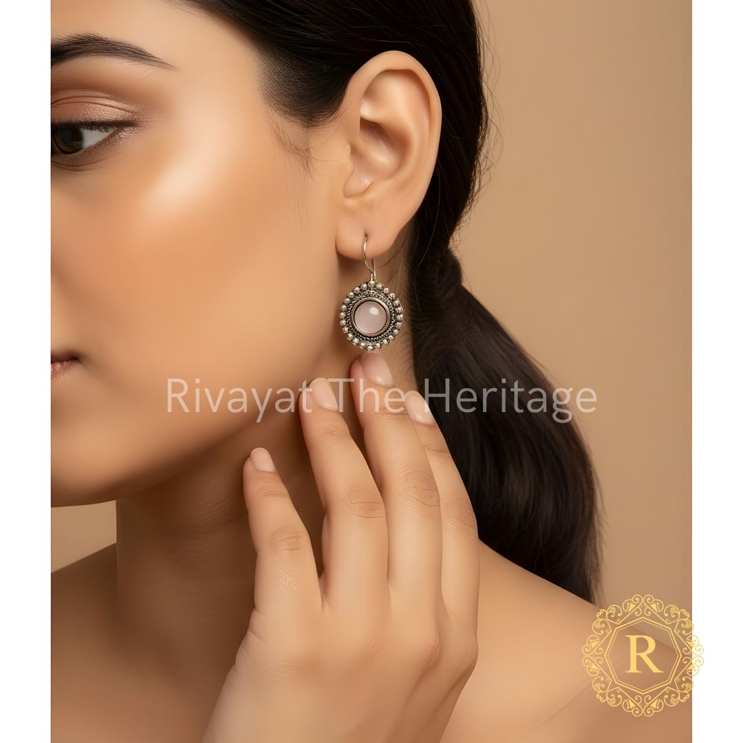 Rose quartz oxidized German silver earrings handcrafted heritage jewelry Manika collection traditional Indian artisan made