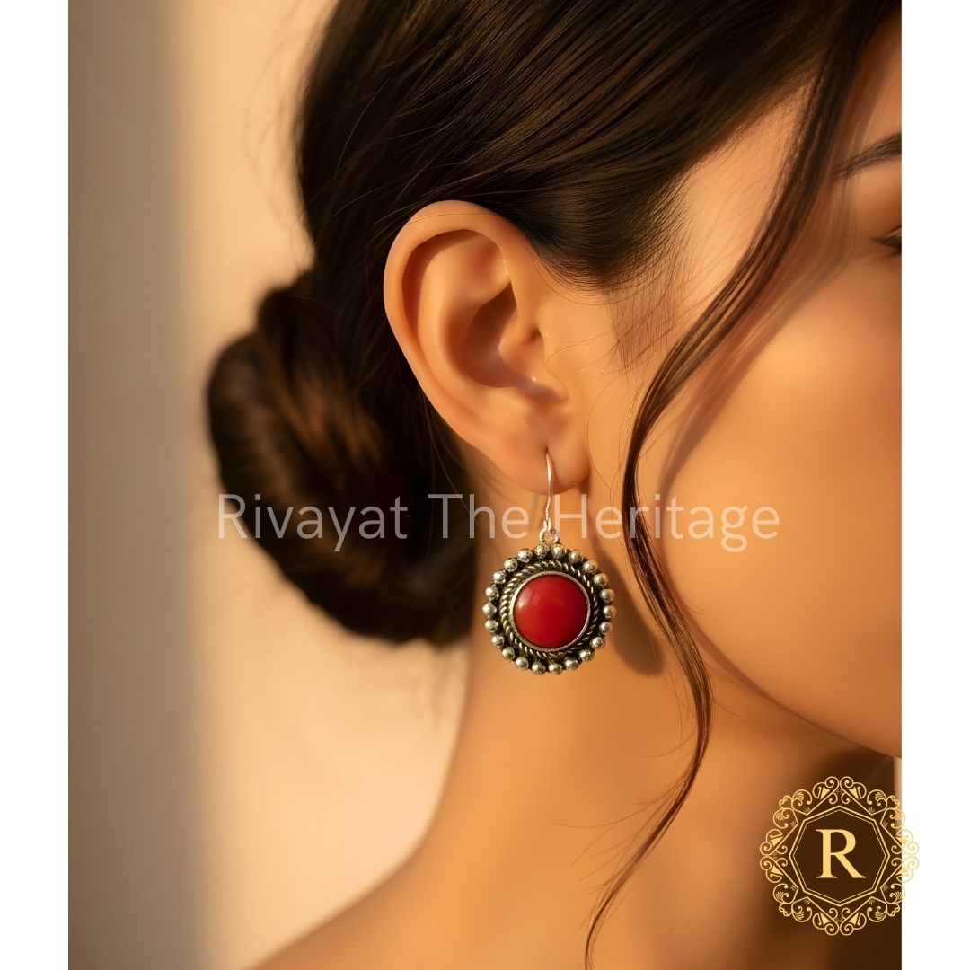 Manika Red Stone Oxidized German Silver Drop Earrings