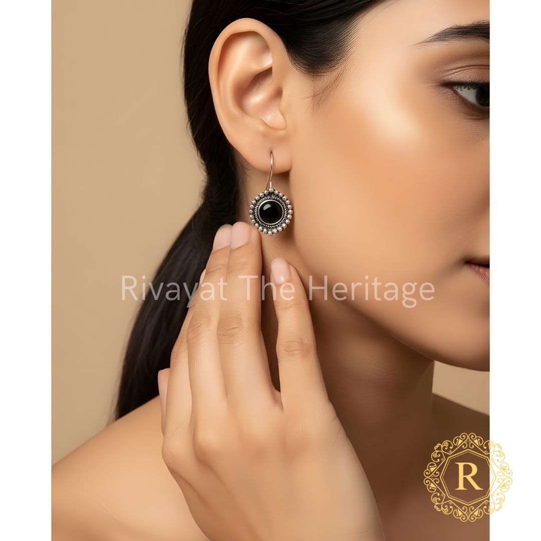 Handcrafted black Monalisa stone oxidized German silver circular drop earrings traditional Indian jewelry heritage collection
