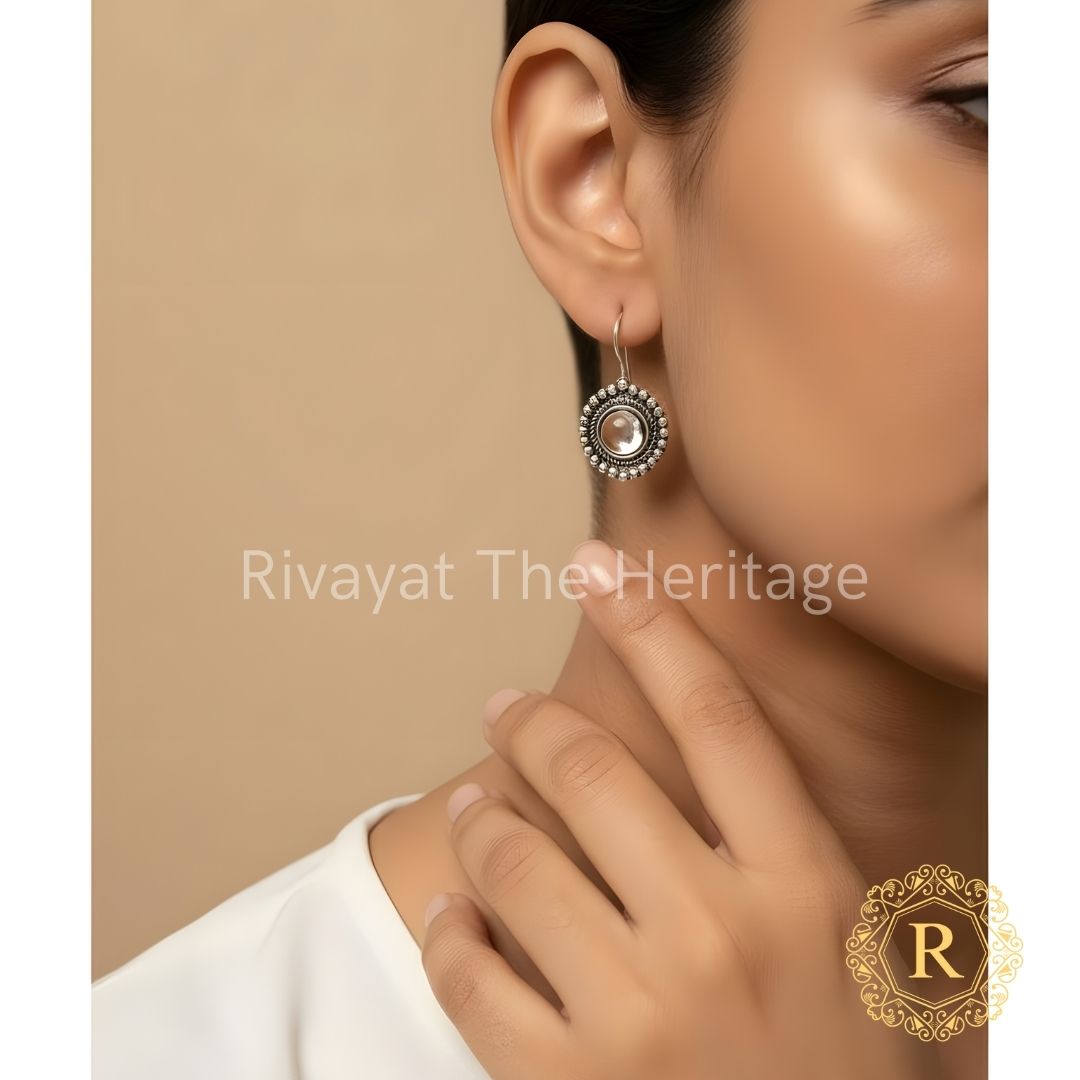 Handcrafted oxidized German silver earrings with champagne Monalisa stone - Manika heritage collection vintage jewelry