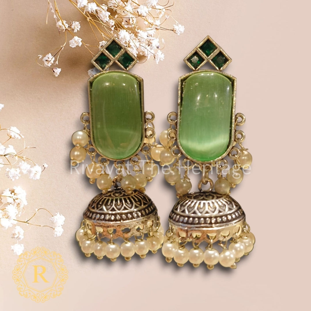 Jade Green Monalisa Stone Jhumki Earrings with Pearl Drops – Noor Edition by Rivayat