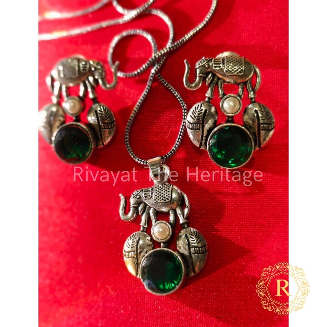 Emerald elephant German silver oxidized jewelry set with Monalisa stones handcrafted heritage collection