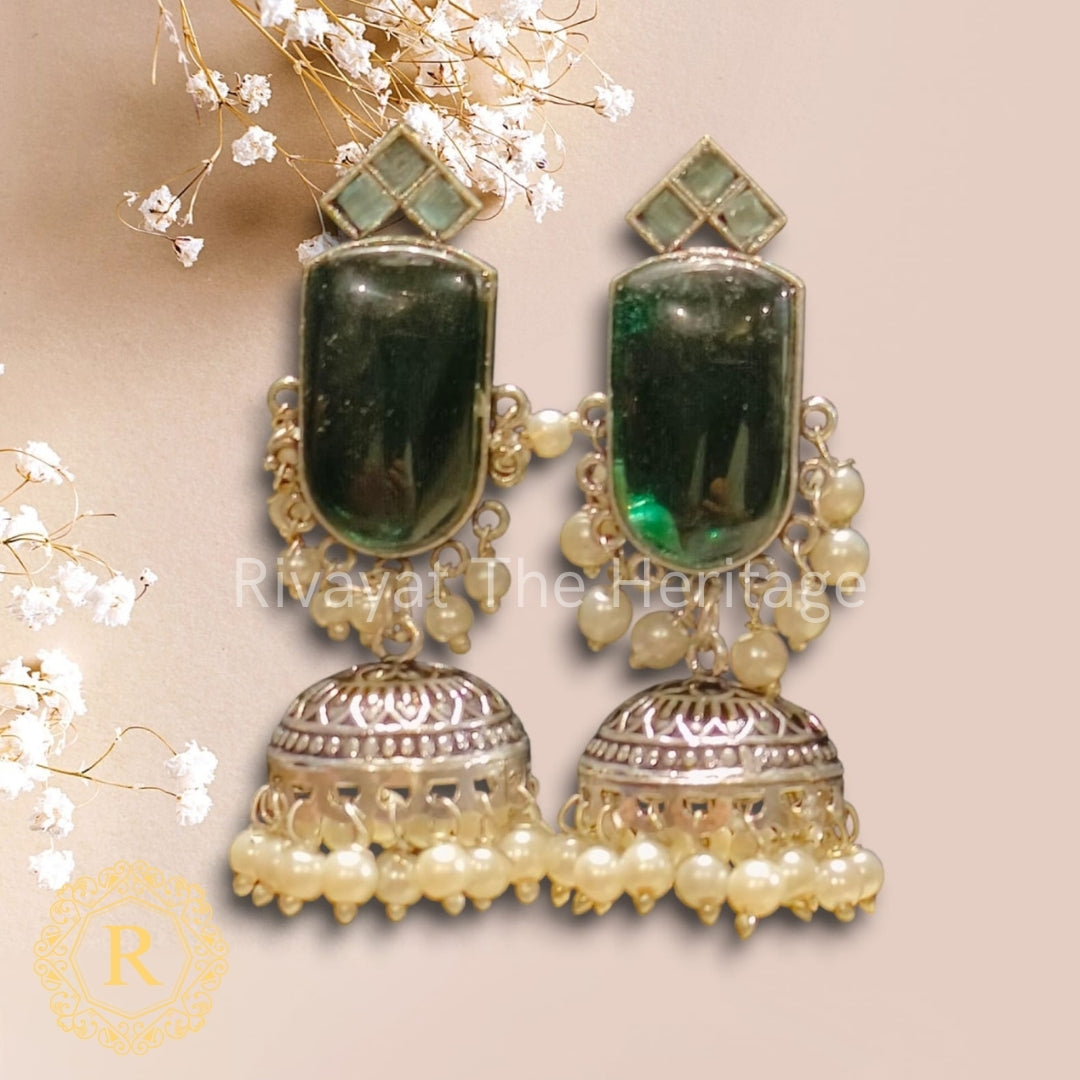 Emerald Green Monalisa Stone Jhumki Earrings with Pearl Drops – Noor Edition by Rivayat