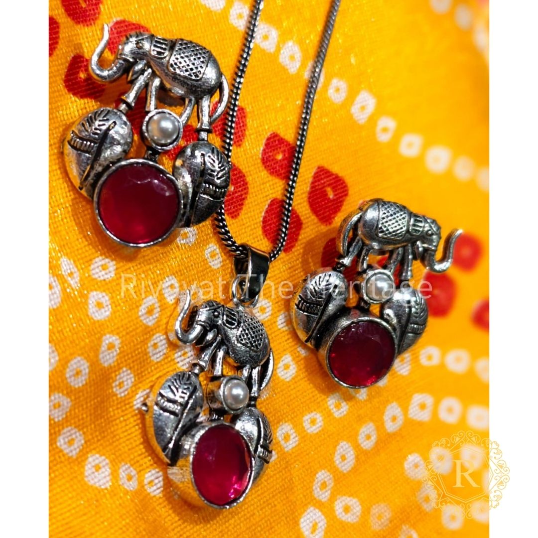 Handcrafted Elephant Pendant Set - German Silver Oxidized