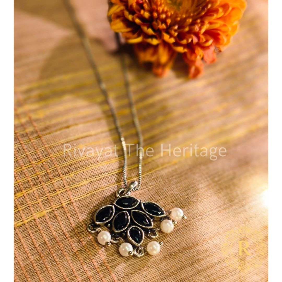 Black Monalisa stone oxidized German silver pendant necklace handcrafted by Rivayat Heritage artisans