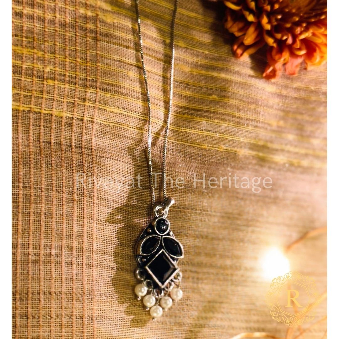 Black Handcrafted Oxidized Leaf Pendant with Pearls - Manika Collection