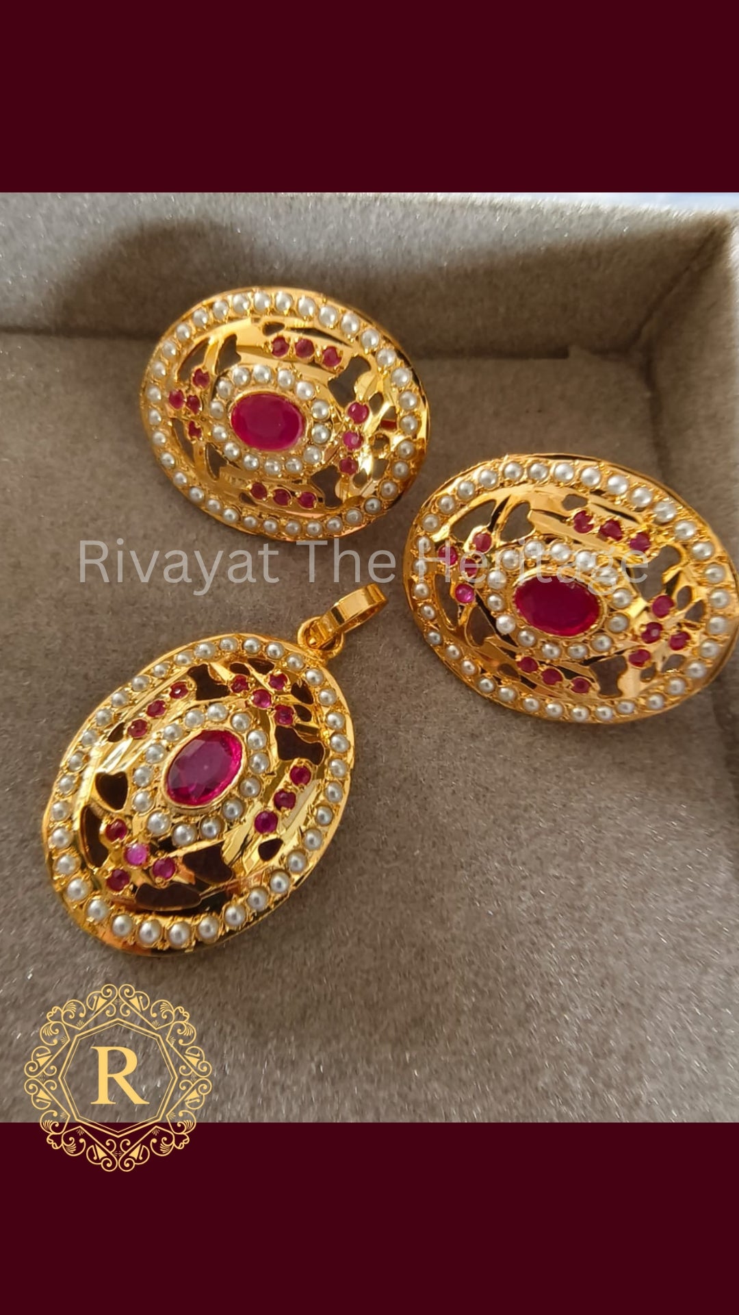 Royal Ruby Jadau Pendant & Earrings Set | 24K Gold Plated | Handcrafted Manika Collection