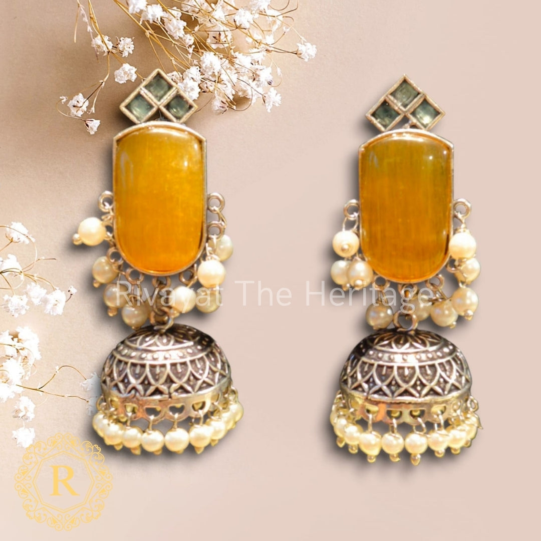Golden Yellow Monalisa Stone Jhumki Earrings with Pearl Drops – Noor Edition by Rivayat