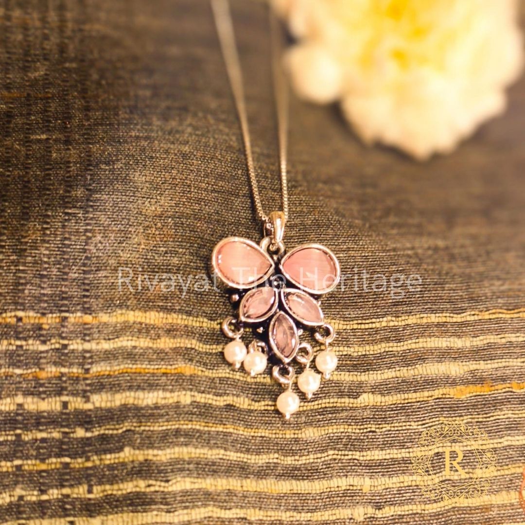 Handcrafted German silver oxidized pendant set with light pink stones - traditional Indian wedding jewellery