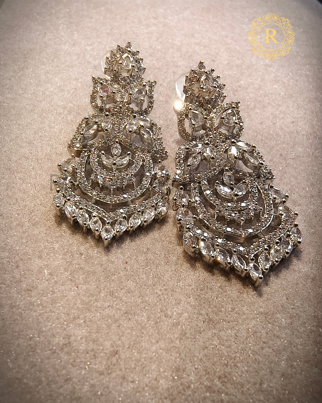 Silver zircon diamond chandelier earrings with cascading floral design