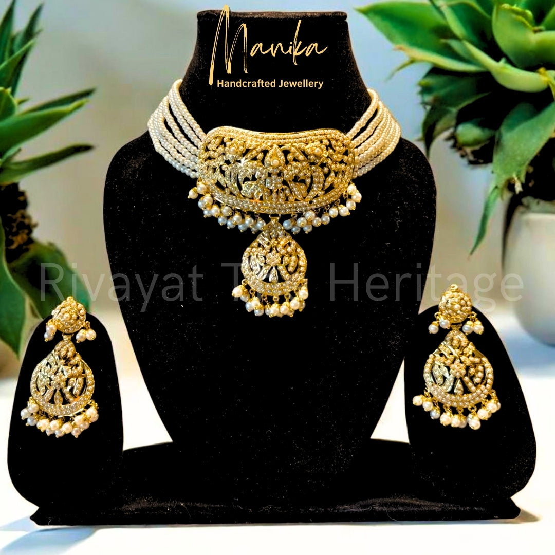 "Jadau" Rajvansh Choker Necklace & Earrings Set - 24 Karat Gold Plated Heritage Collection