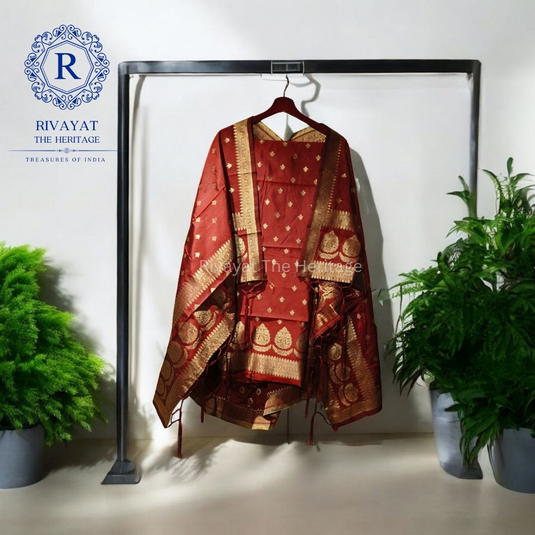 Rust Red Banarasi Art Silk Suit Set - Unstitched 3 Piece with Golden Zari Work | Traditional Indian Ethnic Wear