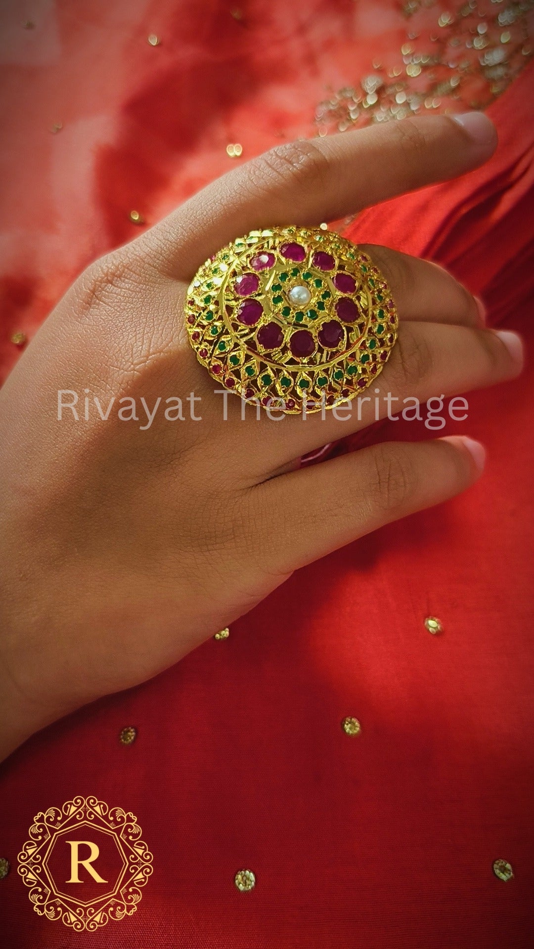 Jadau Pearl Ruby Emerald Ring | Handcrafted Traditional Indian Jewelry | Rivayat Heritage