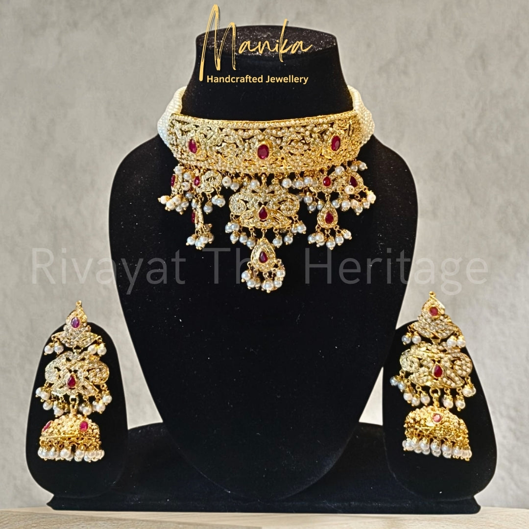 "Jadau" Ratnarekha Royal Choker Necklace & Jhumka Earrings Set - 24 Karat Gold Plated Bridal Masterpiece