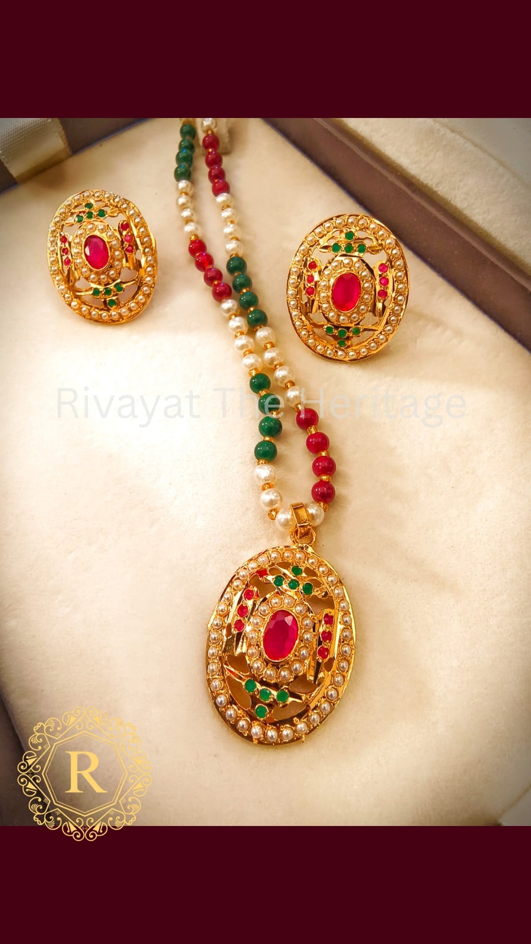 Manika Royal Ruby Emerald Jadau Pendant Set with Multi-Colored Onyx Necklace - 24K Gold Plated Handcrafted Jewelry