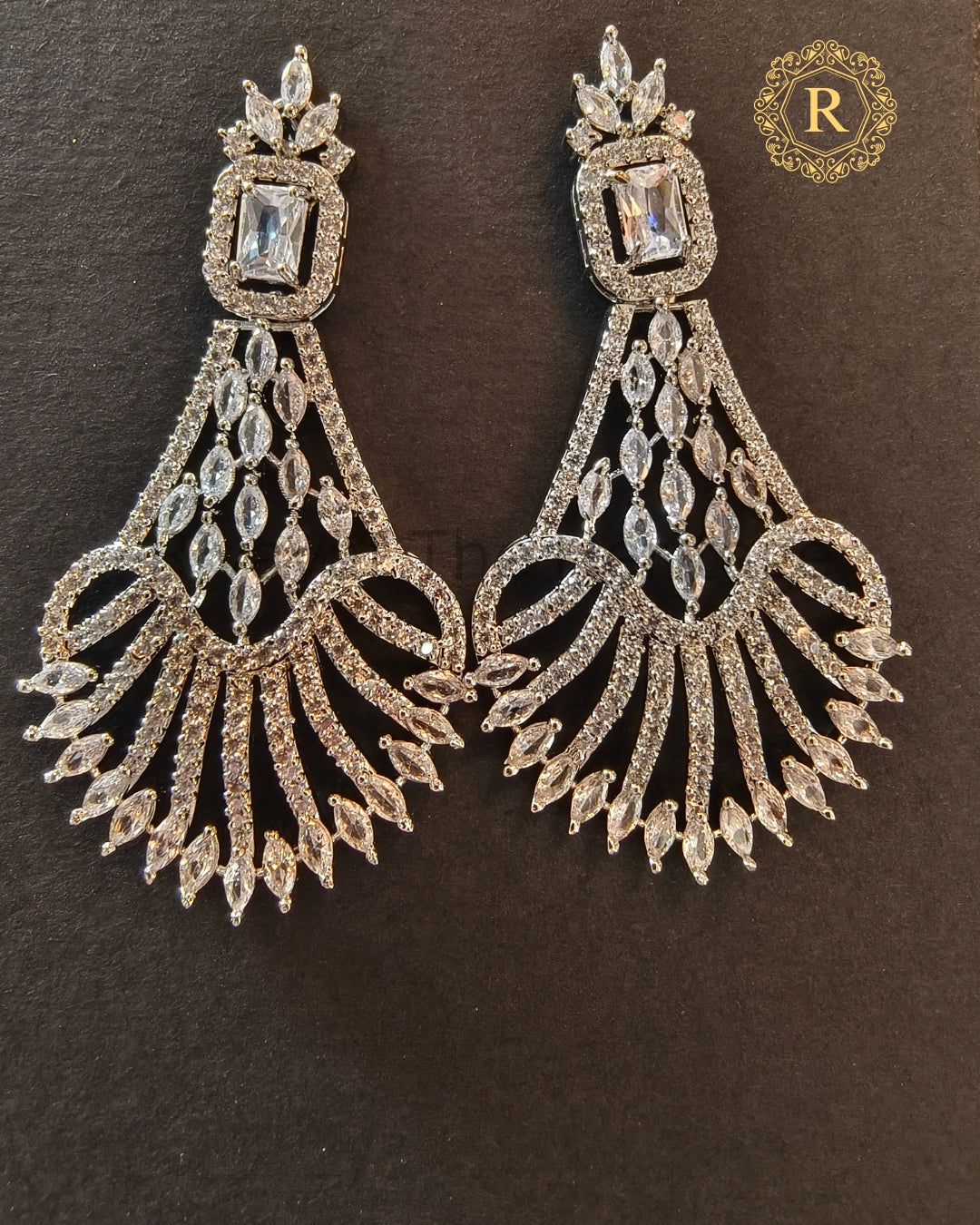 Close-up of handcrafted zircon fan earrings showing marquise stone detailing – Rivayat Heritage