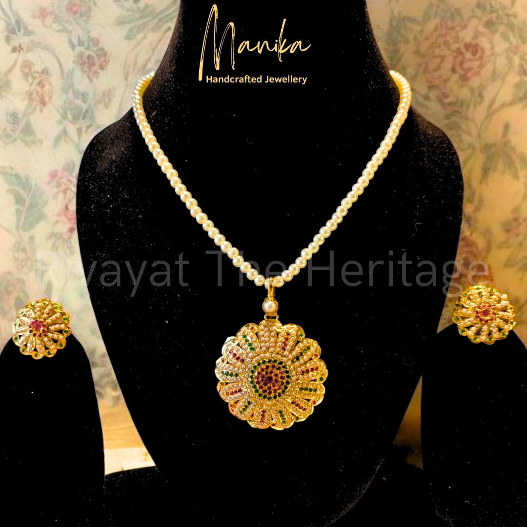 Chitrarupa Royal Jadau Pearl Necklace & Earrings Set - 24K Gold Plated Handcrafted Floral Pendant Collection
