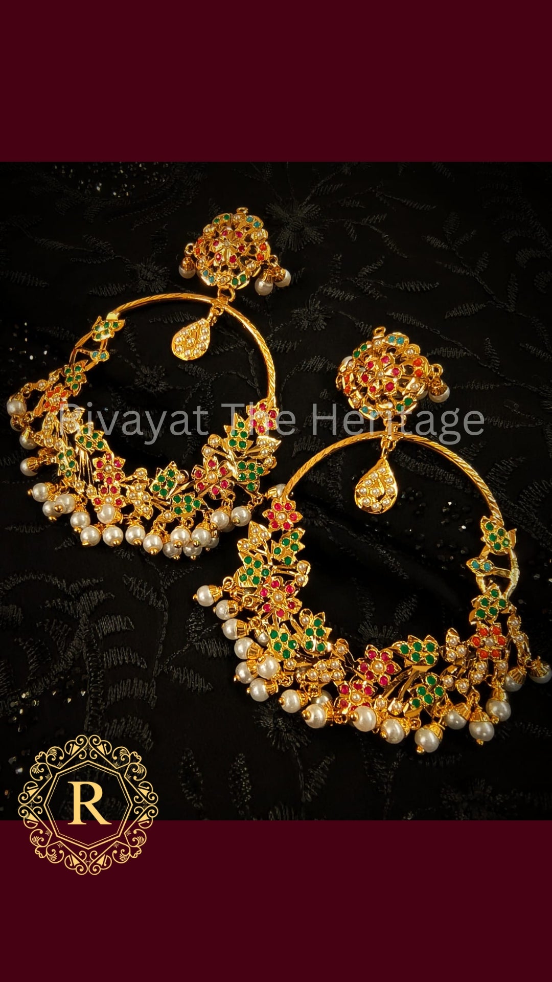 Manika Royal Ruby Emerald Chaandbali Earrings - 24K Gold Plated Jadau