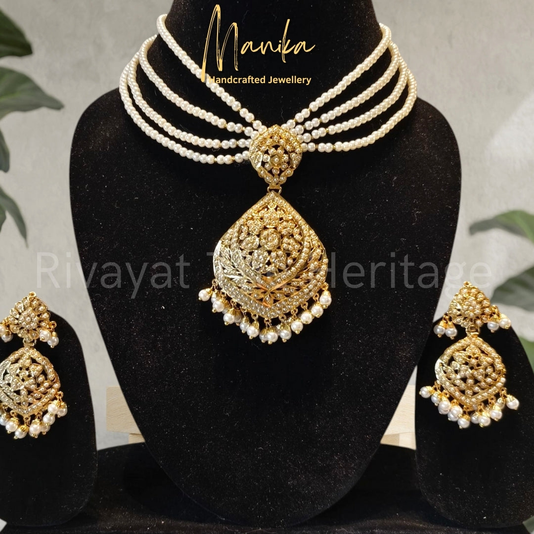 "Jadau" Tarangini Pearl Necklace & Earrings Set - 24 Karat Gold Plated Luxury Handcrafted Jewelry