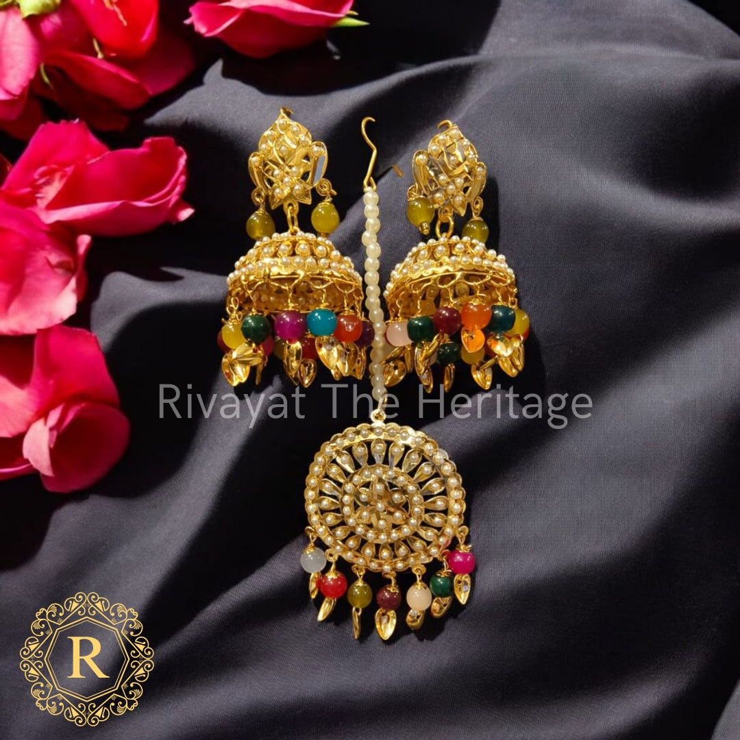Handcrafted Peepal Patti Jhumka Earrings with Maang Tikka Set | Traditional Punjabi Jewelry | Multicolor Gemstone Wedding Festive Collection