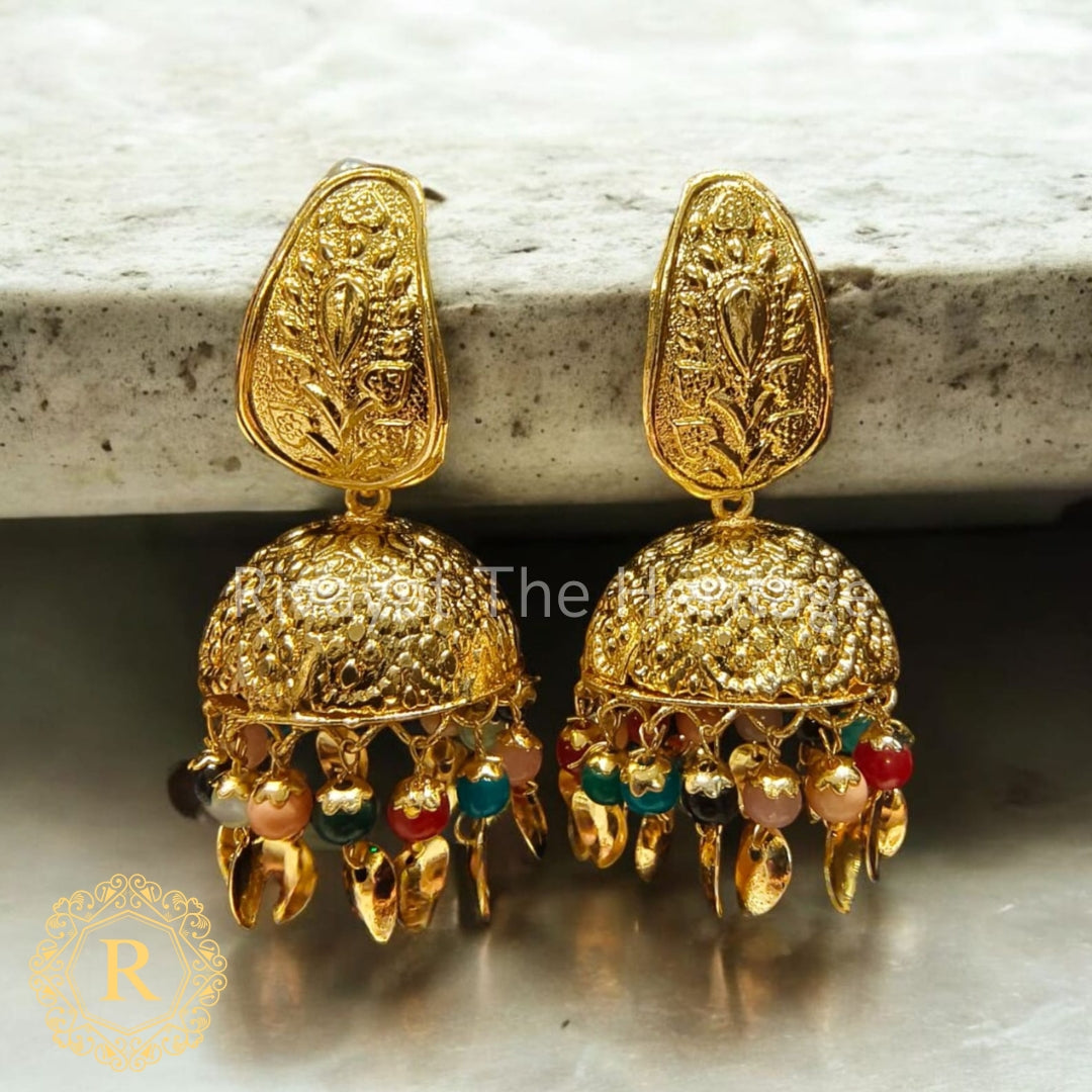 Authentic Peepal Patti Jhumka Set | Handcrafted Golden Traditional Indian Earrings | Manika Collection