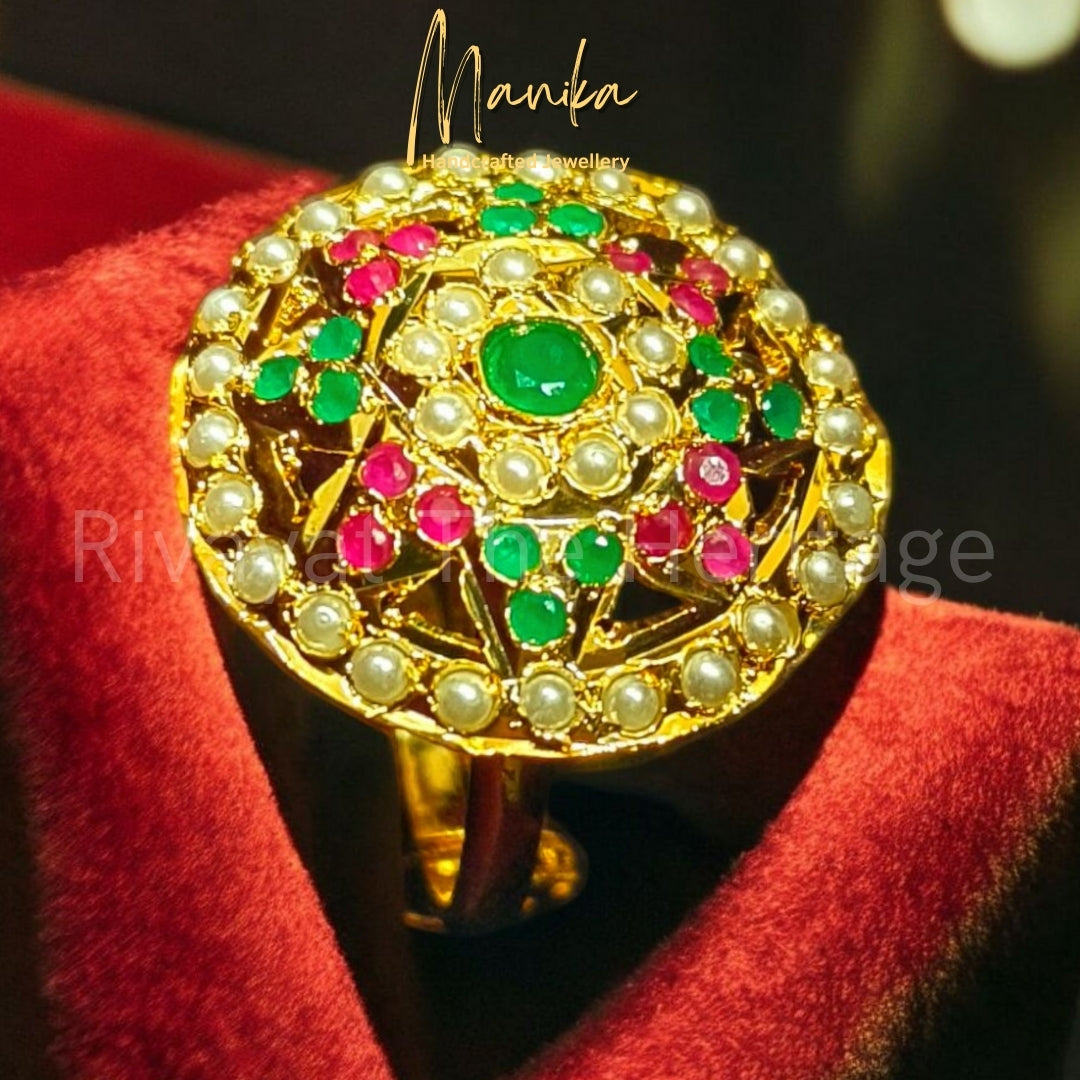 "Jadau" Ratnarang Emerald Finger Ring - 24 Karat Gold Plated Royal Masterpiece
