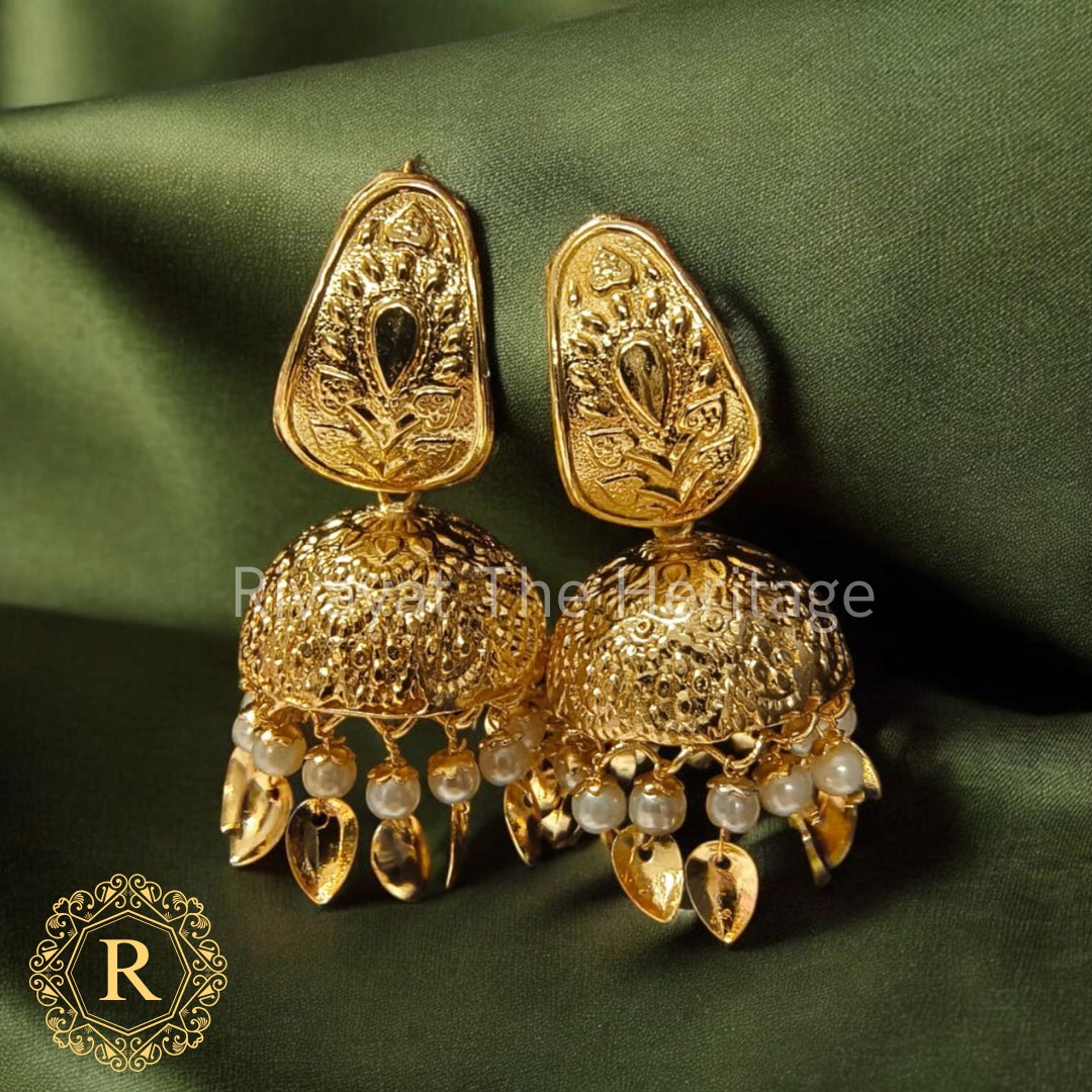 Manika Handcrafted Peepal Patti Gold Jhumka Earrings | Authentic Punjabi Traditional Jewellery Set