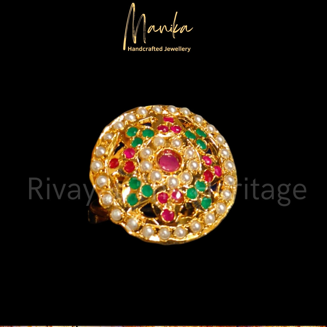 "Jadau" Ratnarang Ruby Finger Ring - 24K Gold Plated Handcrafted Masterpiece
