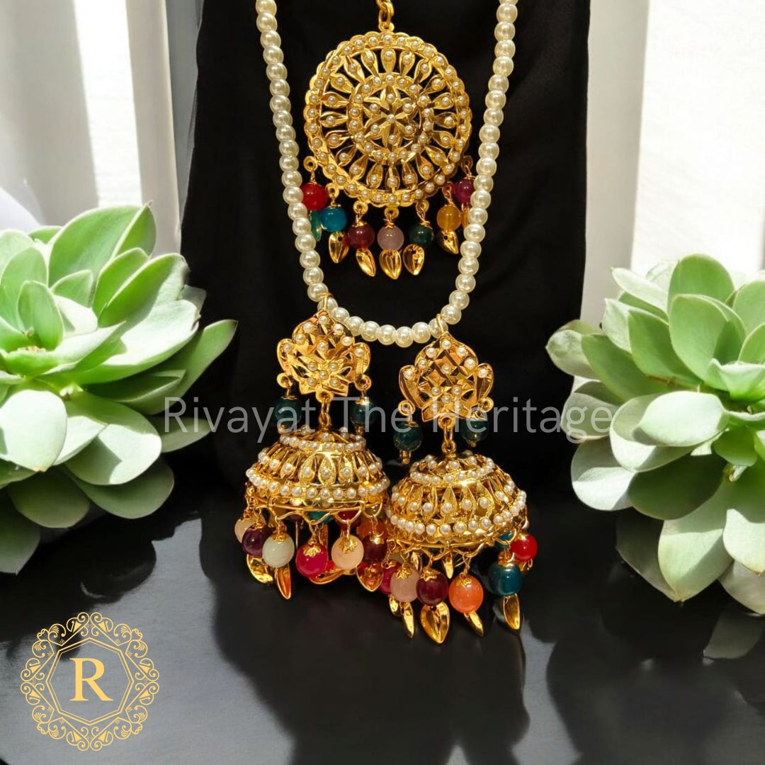 Handcrafted Golden Peepal Patti Jhumka Earrings & Maang Tikka Set - Traditional Punjabi Jewelry for Weddings & Festivals
