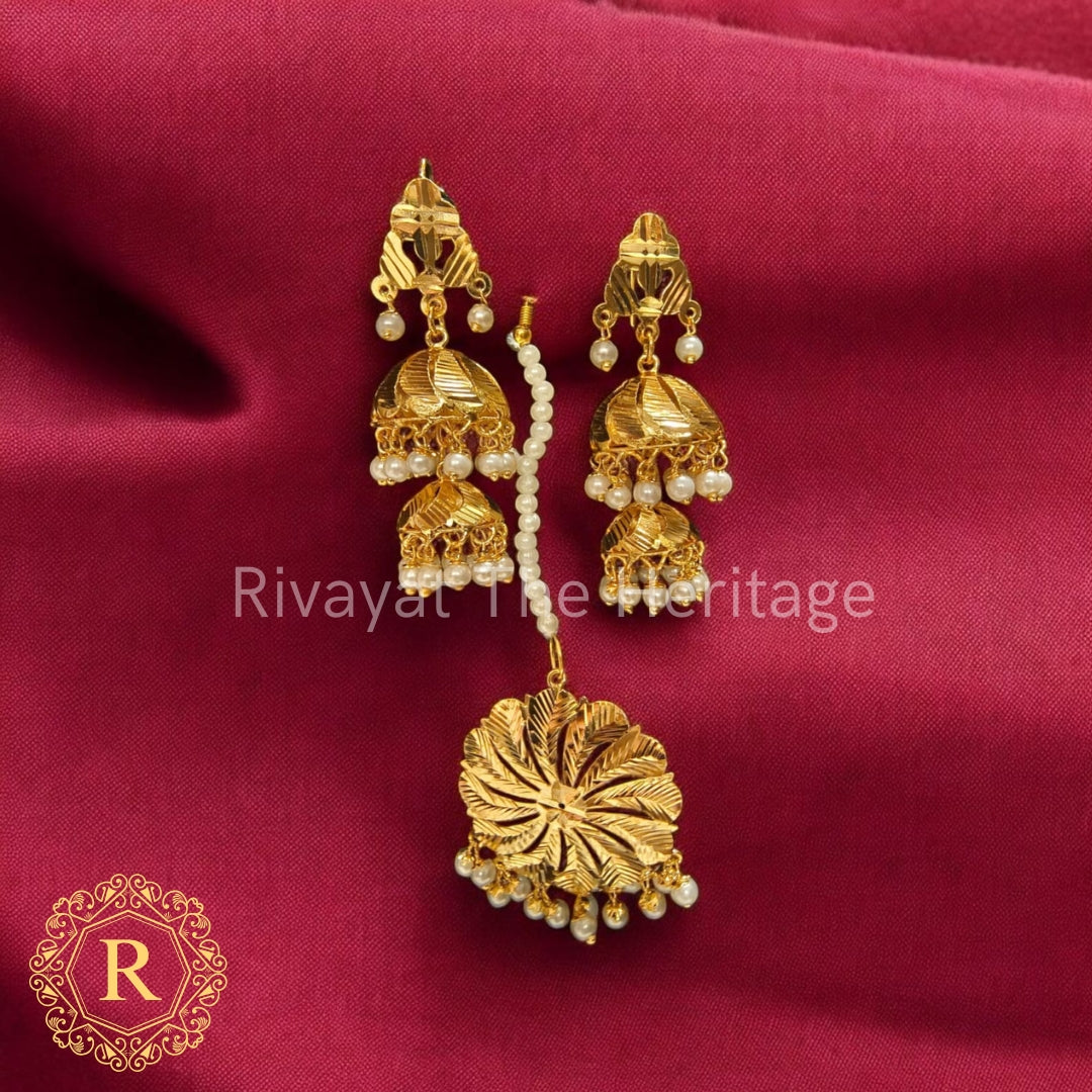 Exquisite Handcrafted Peepal Patti Jhumka Set with Maang Tikka | Traditional Gold-Toned Wedding Jewellery