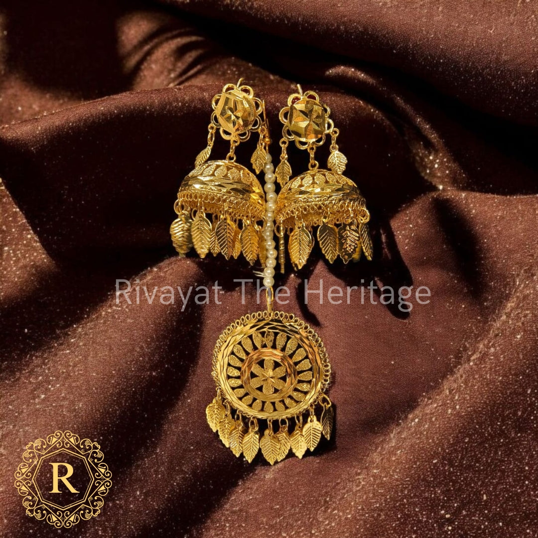 Handcrafted Golden Peepal Patti Jhumka Set | Traditional Maang Tikka | Authentic Punjabi Artisan Jewelry