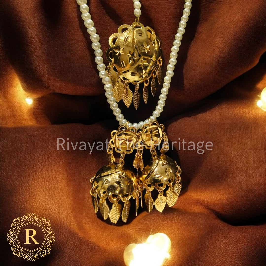 Handcrafted Golden Peepal Patti Jhumka Set with Maang Tikka | Festive Bridal Jewelry | Rivaya Heritage