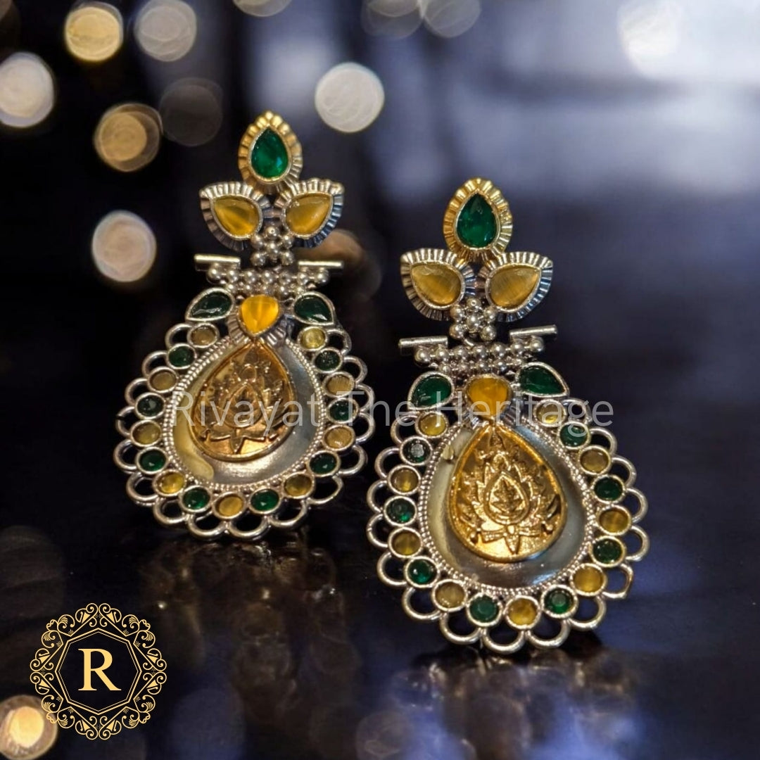 Rajshree Handcrafted Oxidized Earrings with Monalisa Stones – Green & Golden Glam