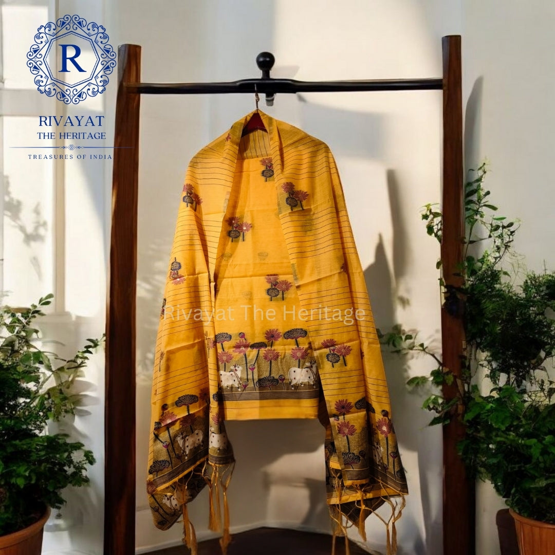 Yellow Banarasi Cotton Kalamkari Suit Material - Unstitched