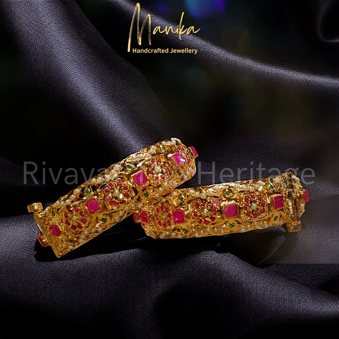 "Jadau” Manikrang Kada – 24K Gold Plated Multicolour Gemstone Kada