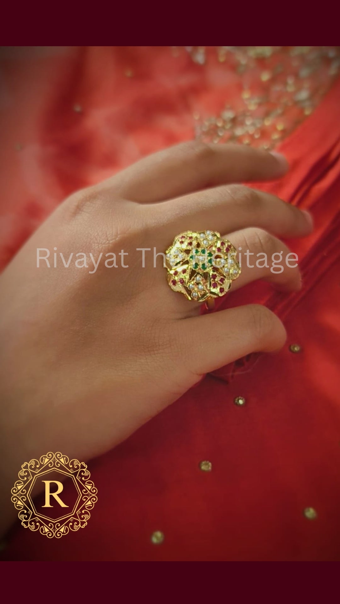 Manika Royal Lotus Jadau Ring | 24K Gold Plated Ruby Emerald Statement Ring | Authentic Indian Bridal Jewelry