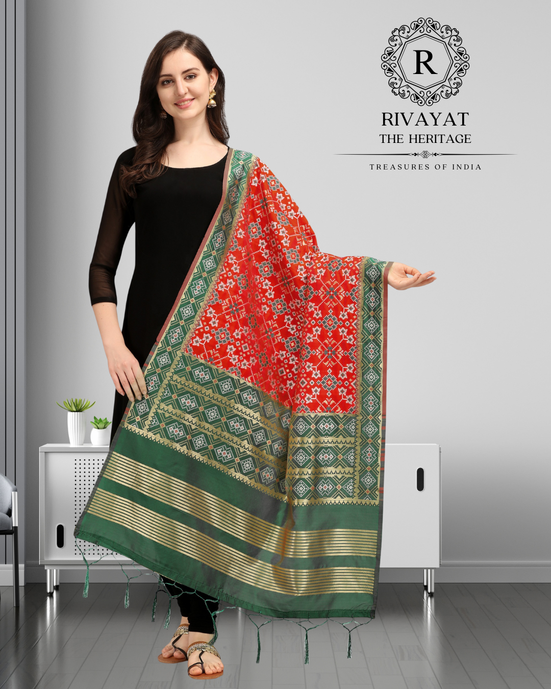 Navdurga Patola Silk Dupatta - Green & Red
