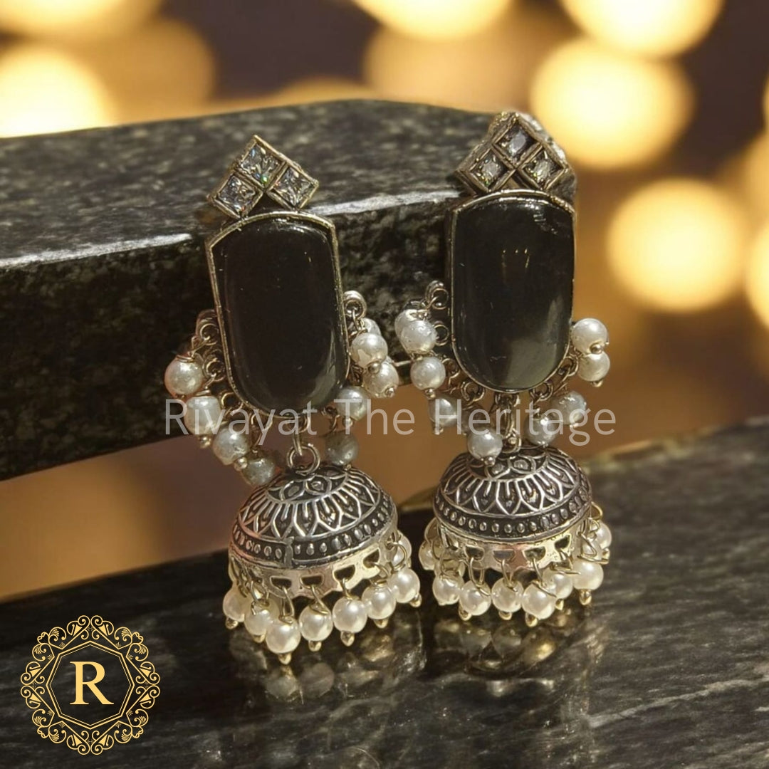 Black Onyx Enamel Jhumki Earrings with Pearl Drops – Noor Edition by Rivayat