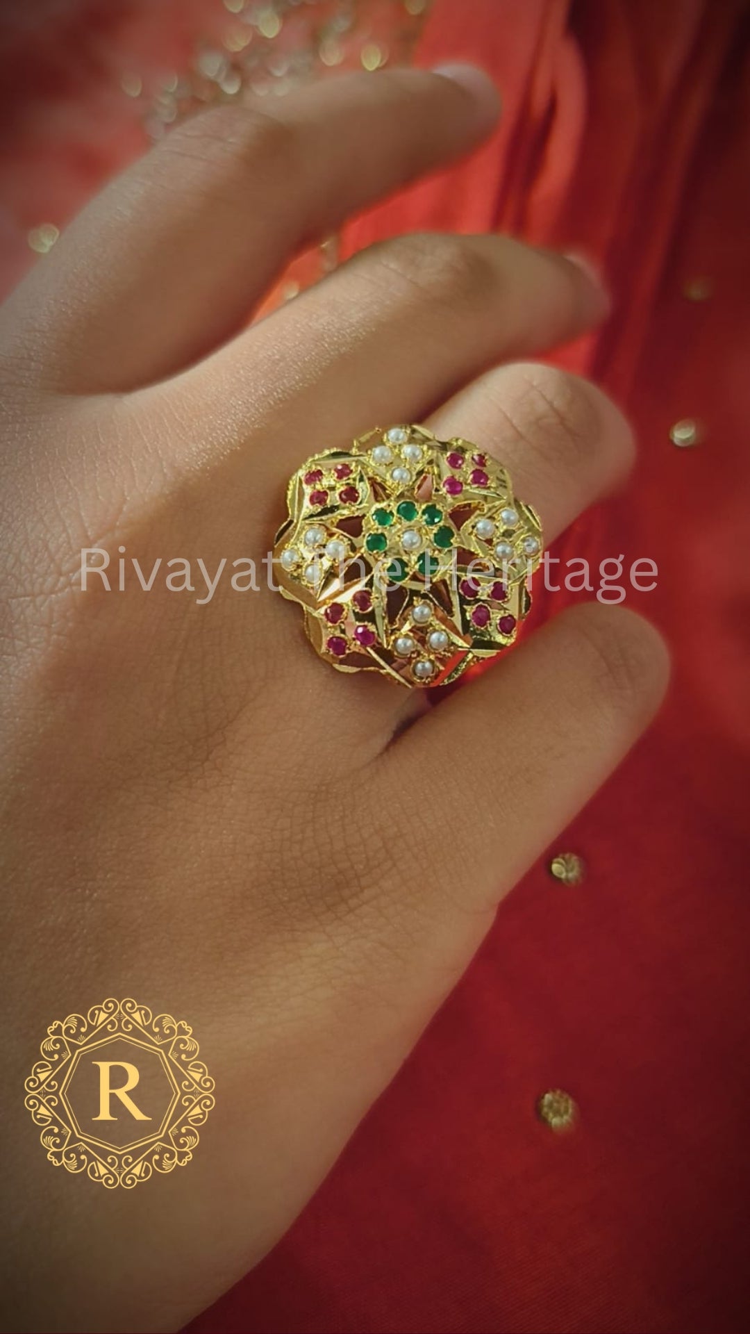 Manika Royal Lotus Jadau Ring | 24K Gold Plated Ruby Emerald Statement Ring | Authentic Indian Bridal Jewelry