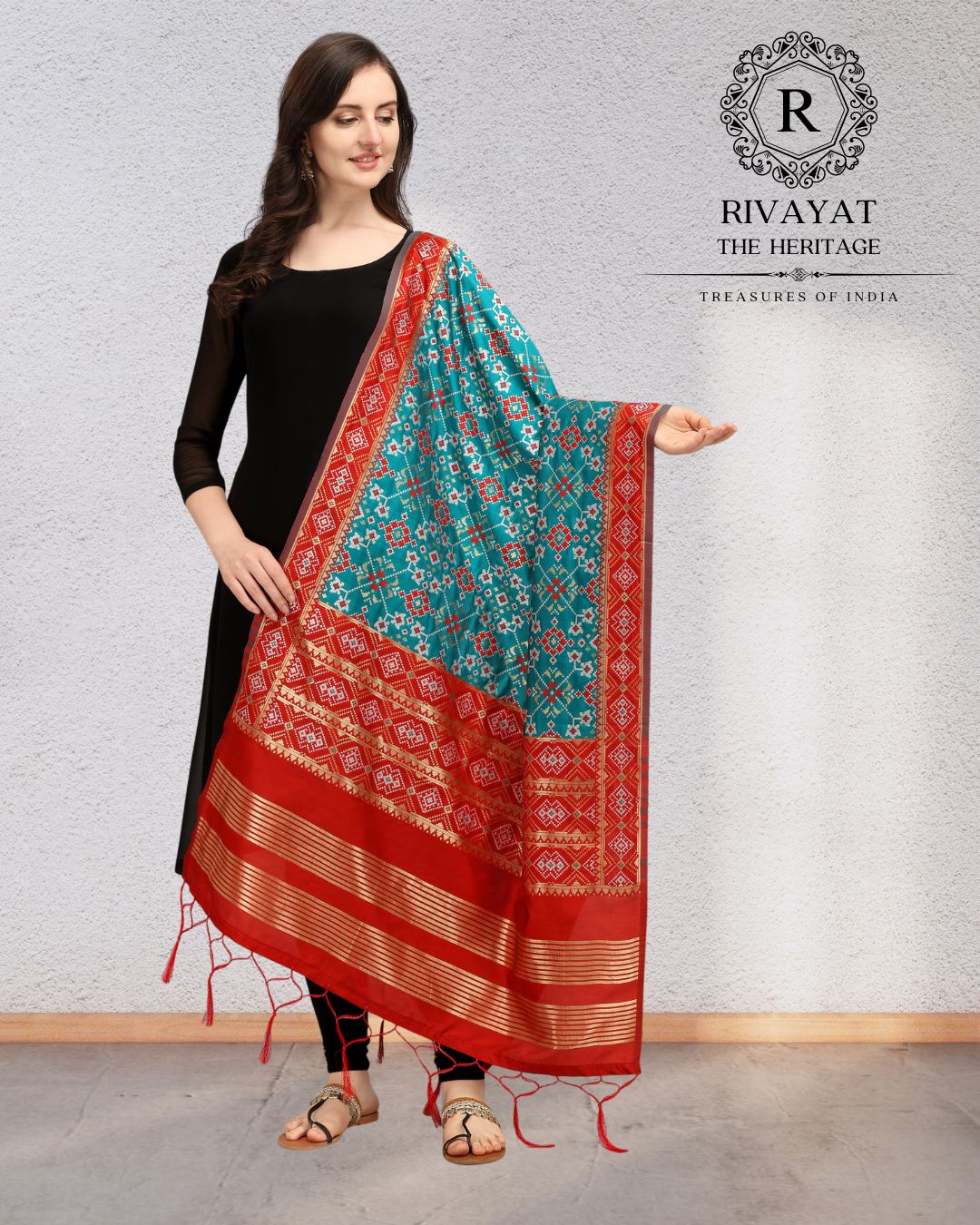Navdurga Traditional Patola Silk Dupatta - Red and Turquoise